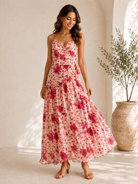 Lulus Womens Size S Pink Floral Wrap Midi Dress Ruffle Sleeveless NWT